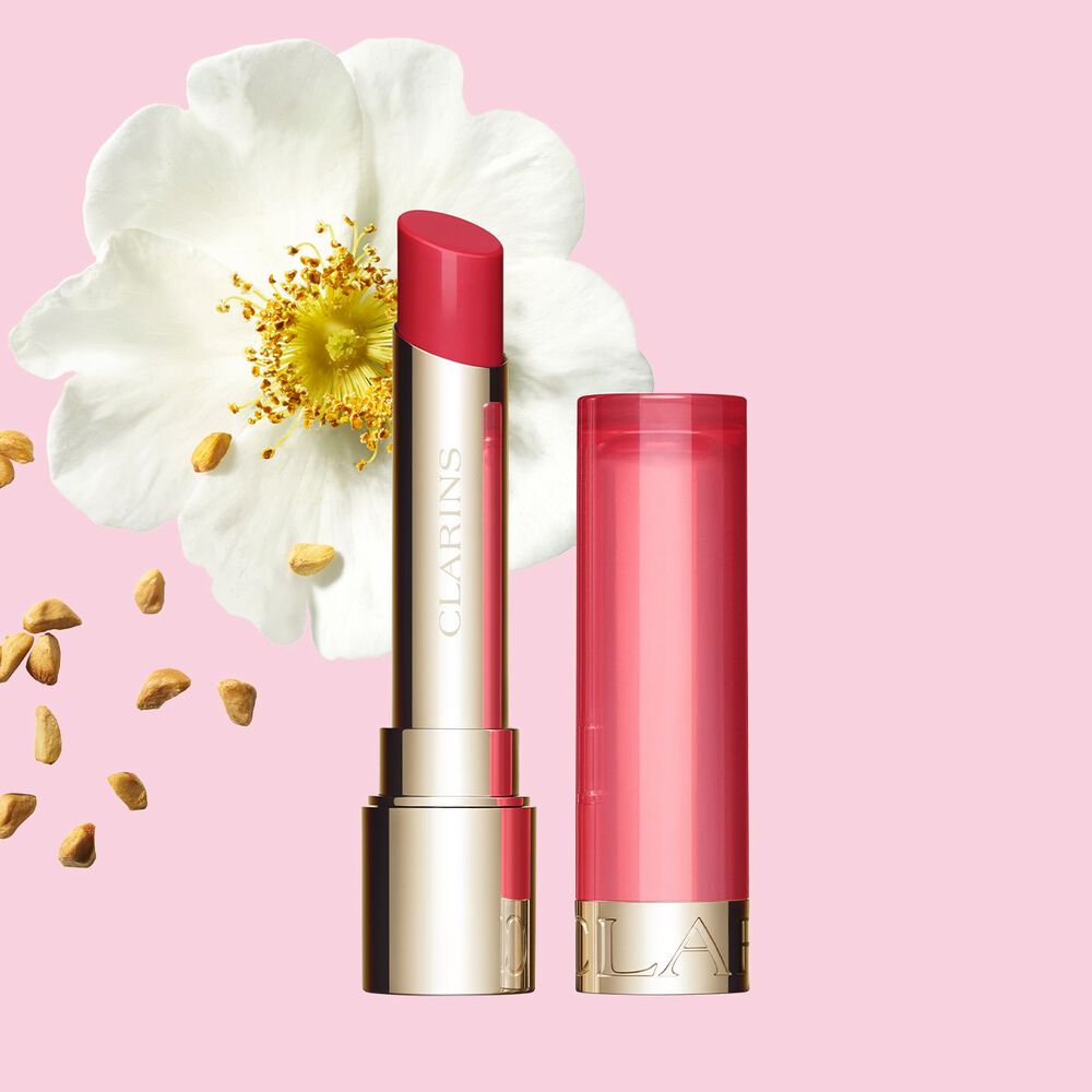 Clarins Nourishing Lip Oil Balm giving a subtle cherry finish