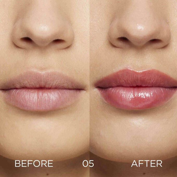 Before and after: woman's lips. The first image shows natural lips, while the second image displays enhanced bright look on lips.